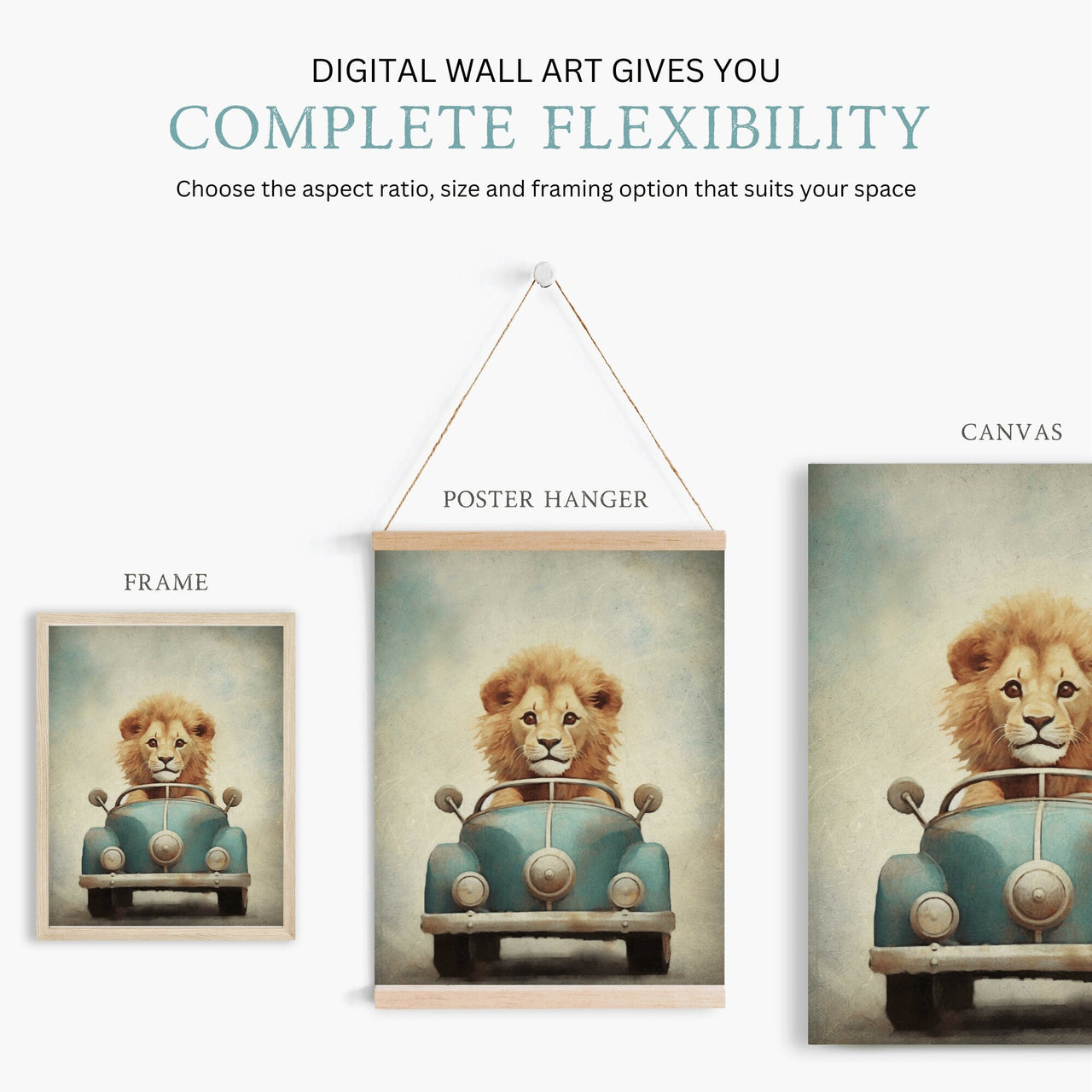 Lion Driving Wall Art – Animal Boys Room Print