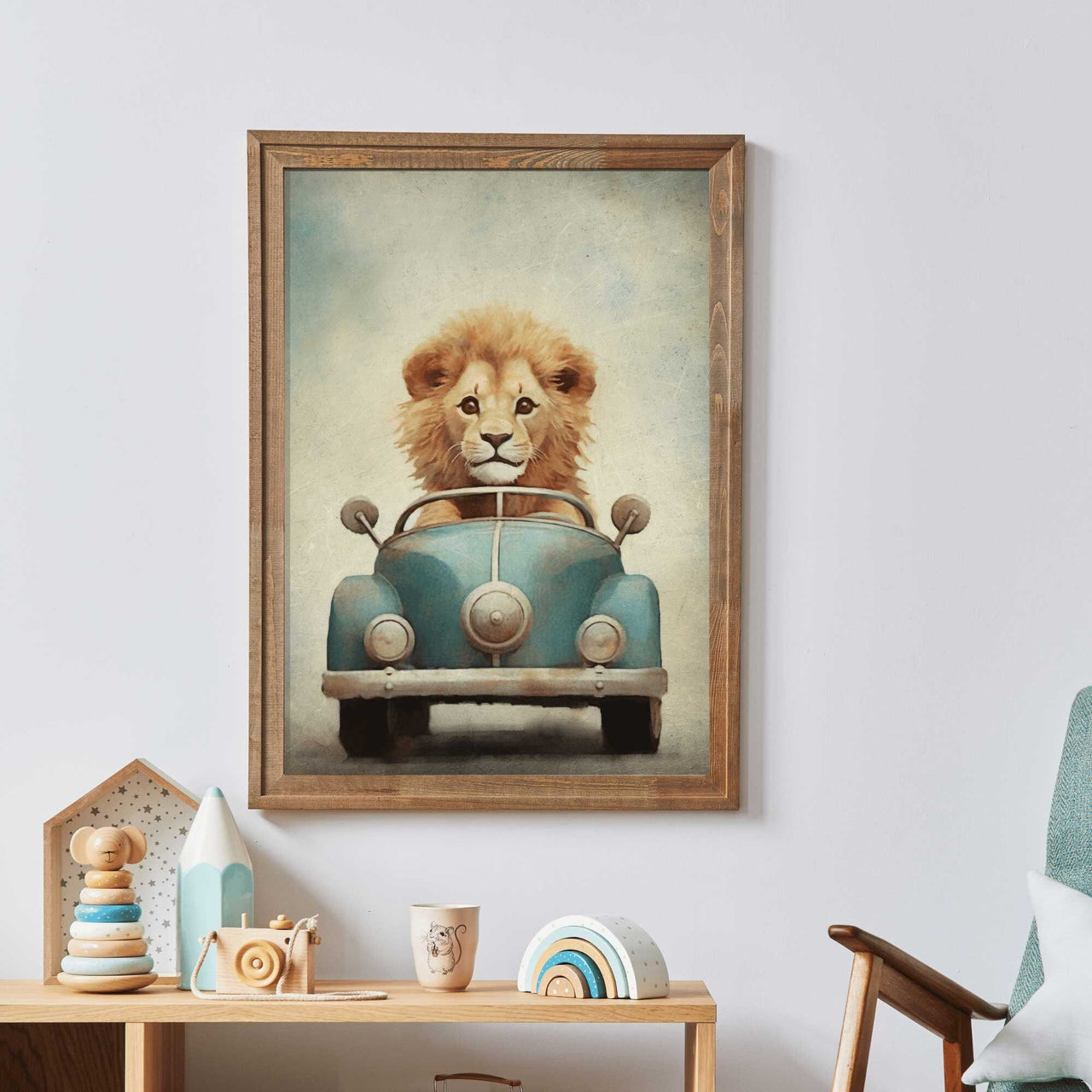 Lion Driving Wall Art – Animal Boys Room Print