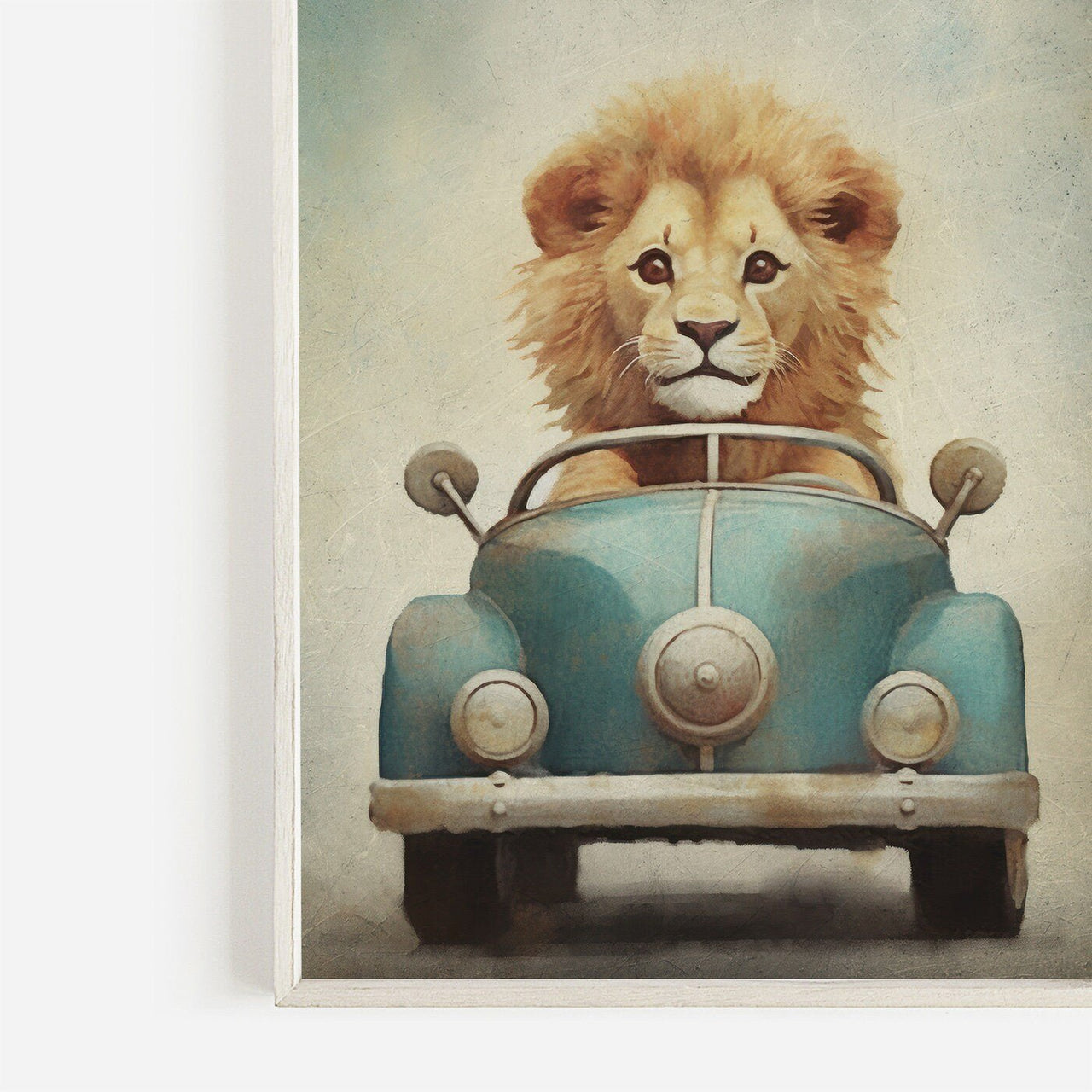 Lion Driving Wall Art – Animal Boys Room Print
