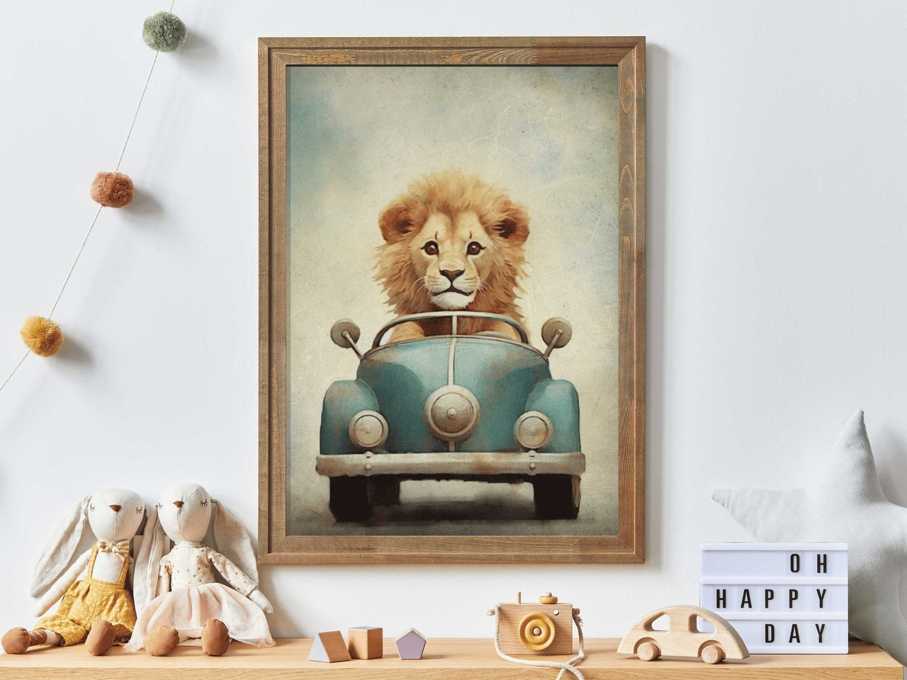 Lion Driving Wall Art – Animal Boys Room Print