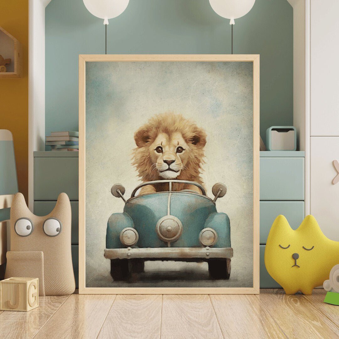 Lion Driving Wall Art – Animal Boys Room Print