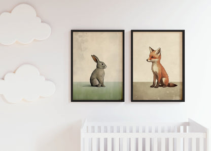 Vintage Minimalist Nursery Wall Art, Forest Animals, Bunny & Fox - WildfieldPrints