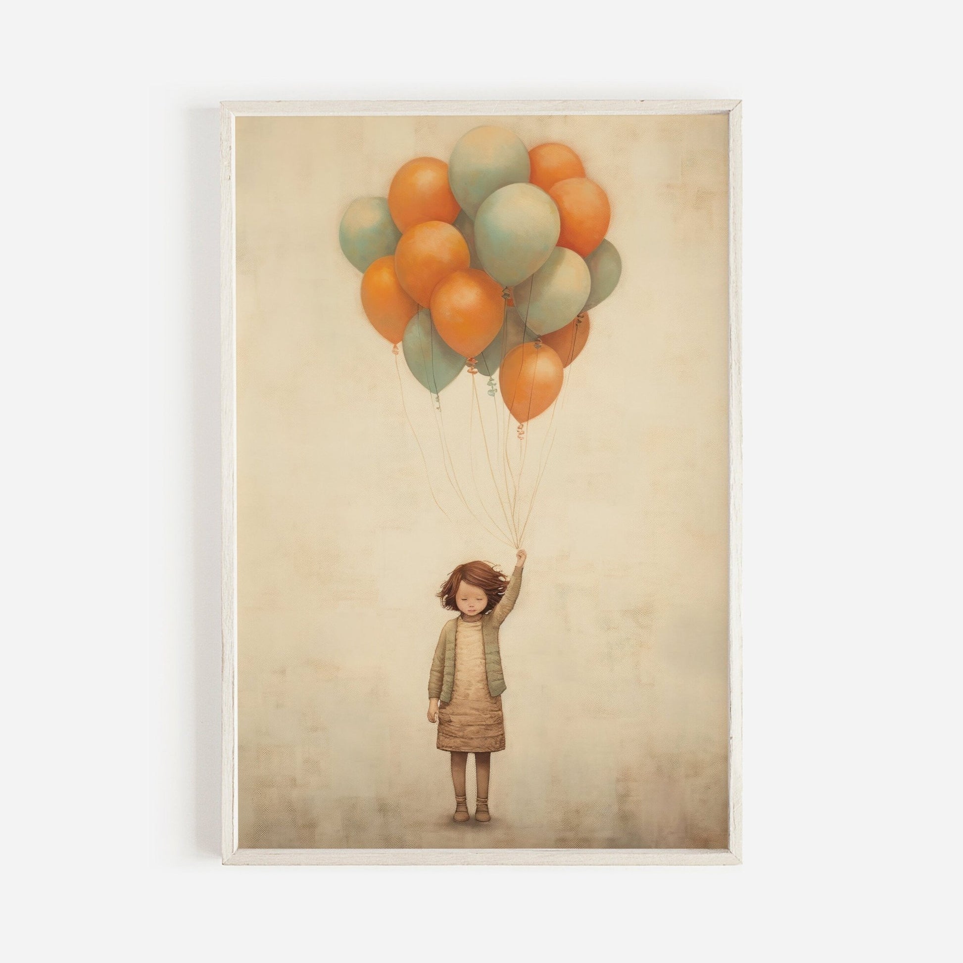 Vintage Minimalist Nursery Wall Art, Girl with Balloons, Kids Room Decor - WildfieldPrints