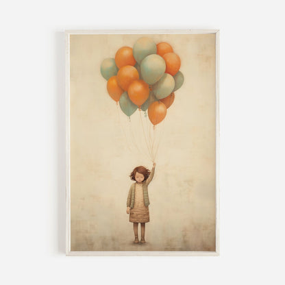 Vintage Minimalist Nursery Wall Art, Girl with Balloons, Kids Room Decor - WildfieldPrints