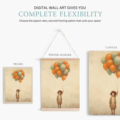 Vintage Minimalist Nursery Wall Art, Girl with Balloons, Kids Room Decor - WildfieldPrints