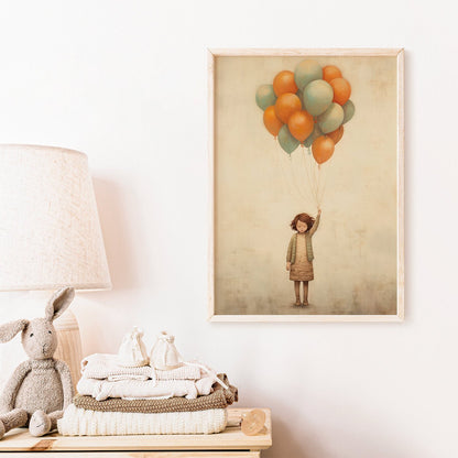 Vintage Minimalist Nursery Wall Art, Girl with Balloons, Kids Room Decor - WildfieldPrints