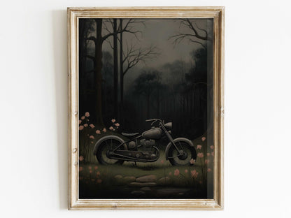 Vintage Motorcycle Prints, Floral Wall Art, Dark Vehicle Decor - WildfieldPrints