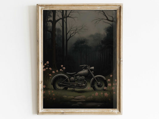 Vintage Motorcycle Prints, Floral Wall Art, Dark Vehicle Decor - WildfieldPrints