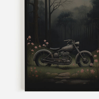 Vintage Motorcycle Prints, Floral Wall Art, Dark Vehicle Decor - WildfieldPrints