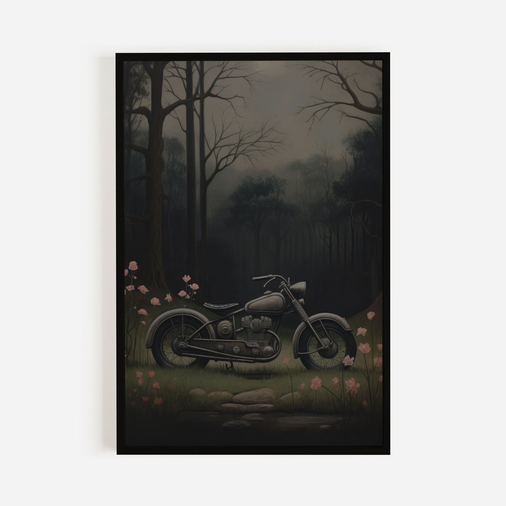 Vintage Motorcycle Prints, Floral Wall Art, Dark Vehicle Decor - WildfieldPrints