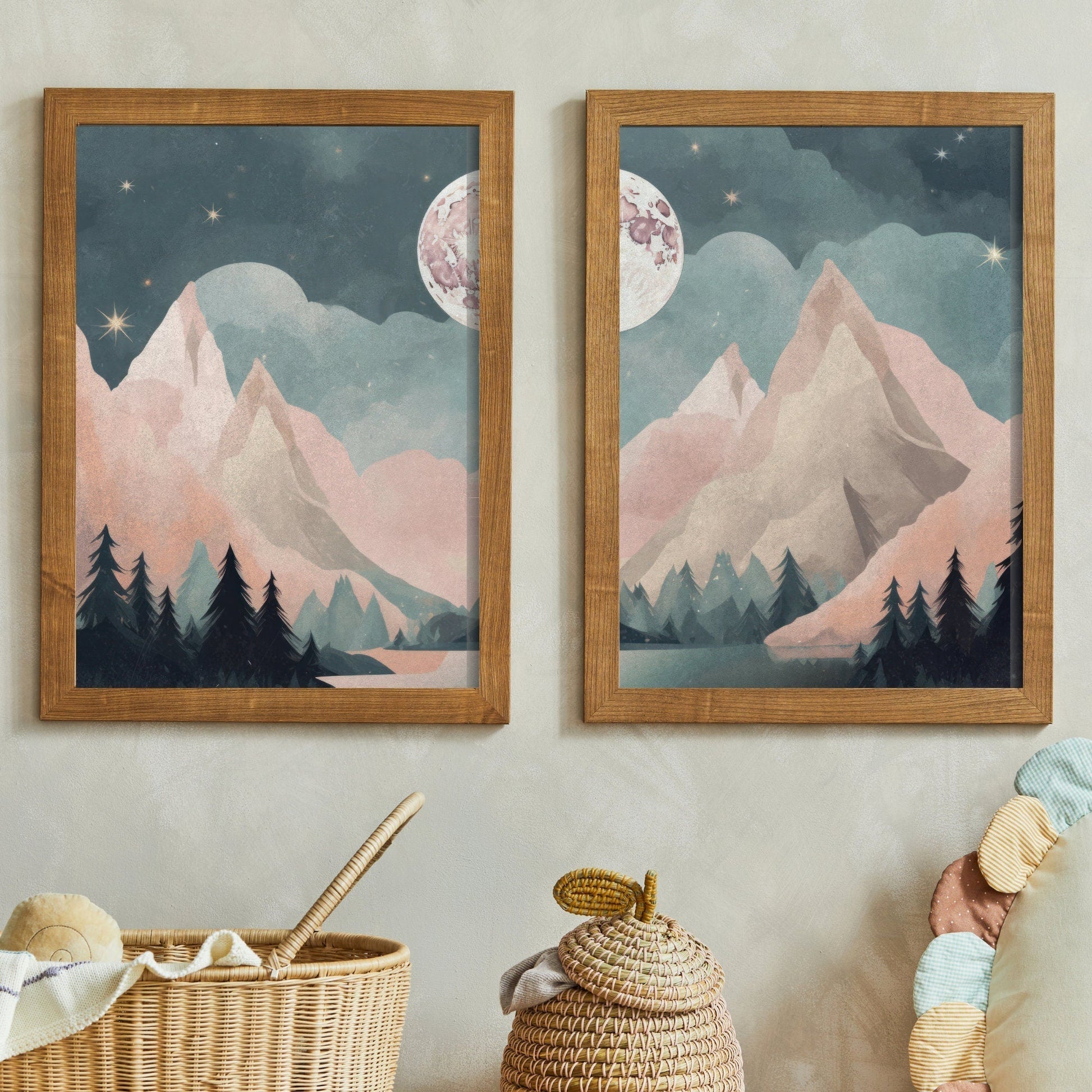 Vintage Mountain & Forest Landscapes, Boho Wall Art, Teal & Pink - WildfieldPrints