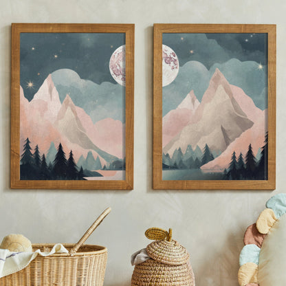 Vintage Mountain & Forest Landscapes, Boho Wall Art, Teal & Pink - WildfieldPrints