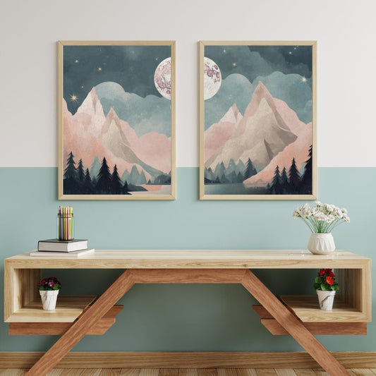 Vintage Mountain & Forest Landscapes, Boho Wall Art, Teal & Pink - WildfieldPrints
