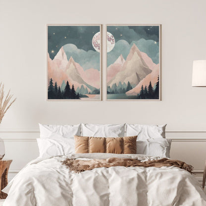 Vintage Mountain & Forest Landscapes, Boho Wall Art, Teal & Pink - WildfieldPrints