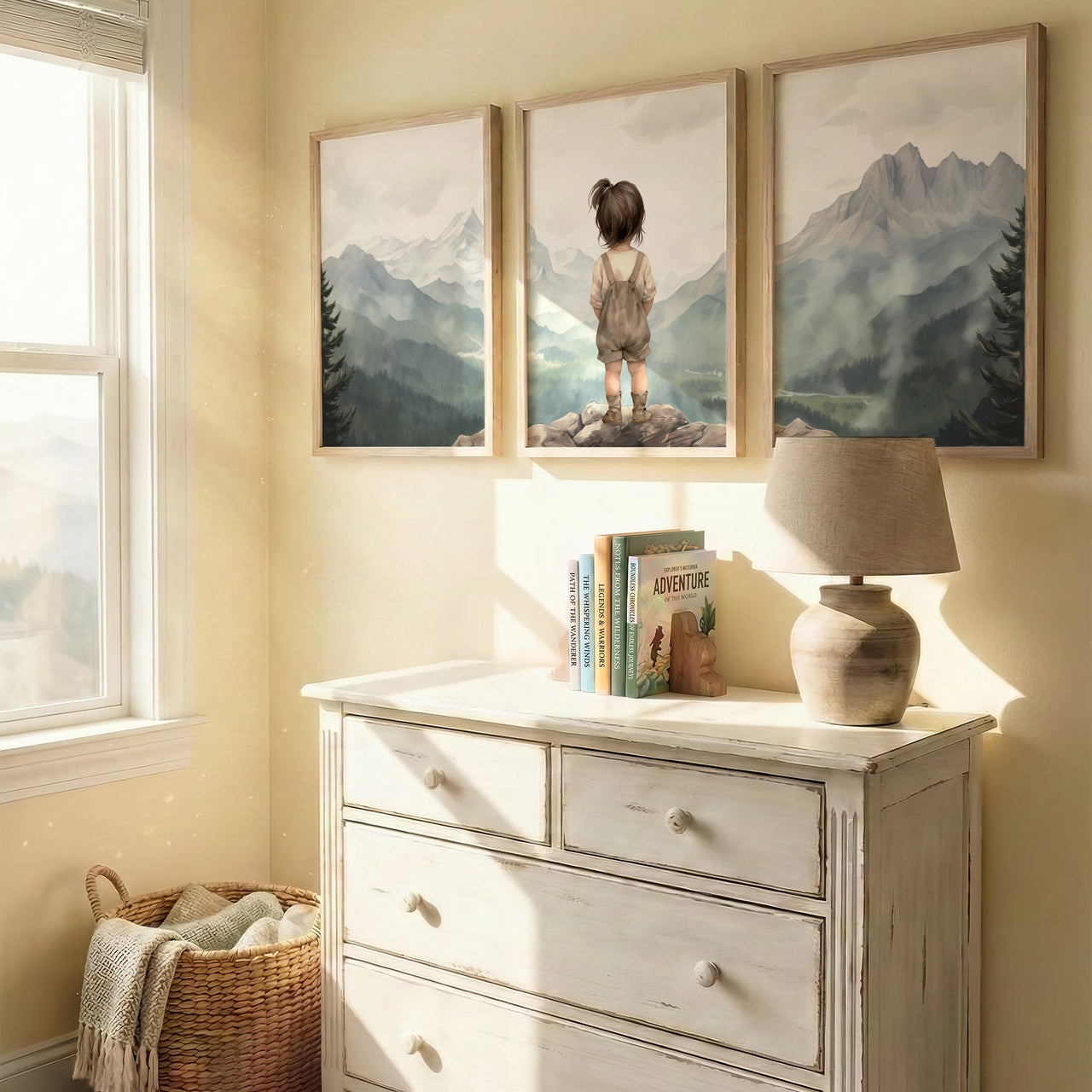 Vintage Mountain Girl Wall Art – Nature Nursery Print for Girls • Set of 3