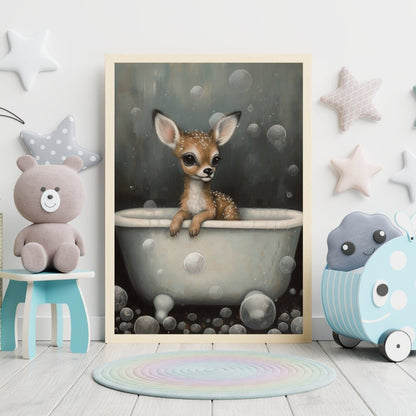 Vintage Nursery Art: Adorable Baby Deer in Bath Tub, Nature Wall Decor - WildfieldPrints