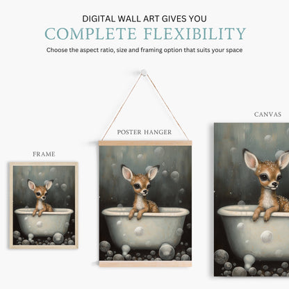Vintage Nursery Art: Adorable Baby Deer in Bath Tub, Nature Wall Decor - WildfieldPrints