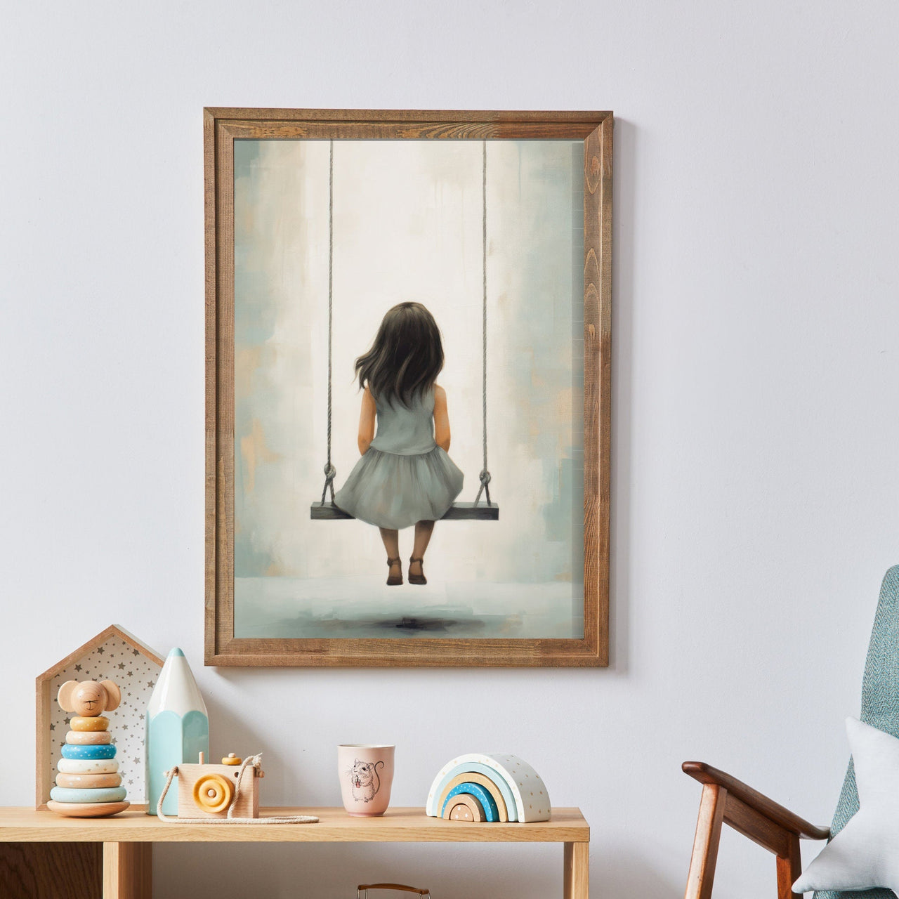 Little Girl Swing Wall Art – Rustic Kids Room Print