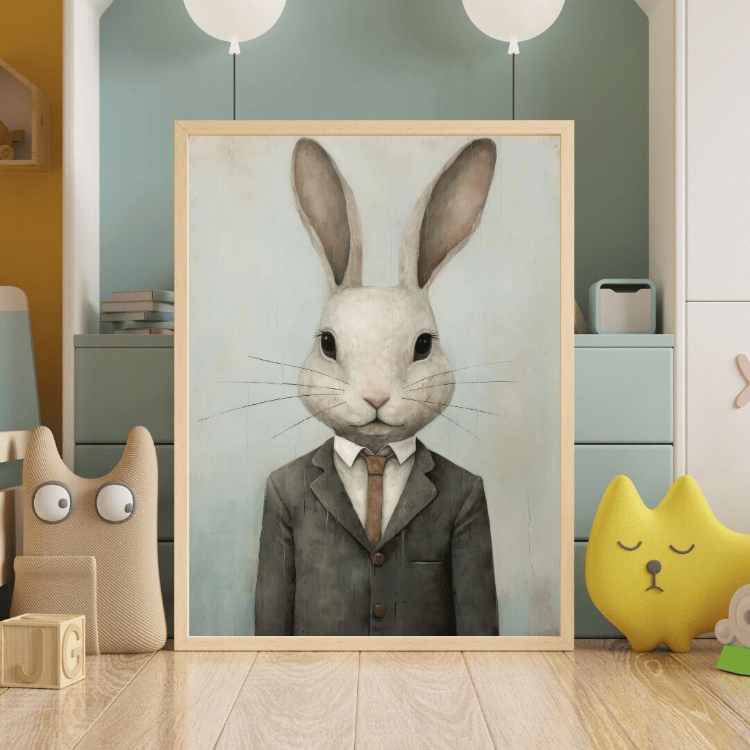 Rabbit in Suit Wall Art – Woodland Nursery Print