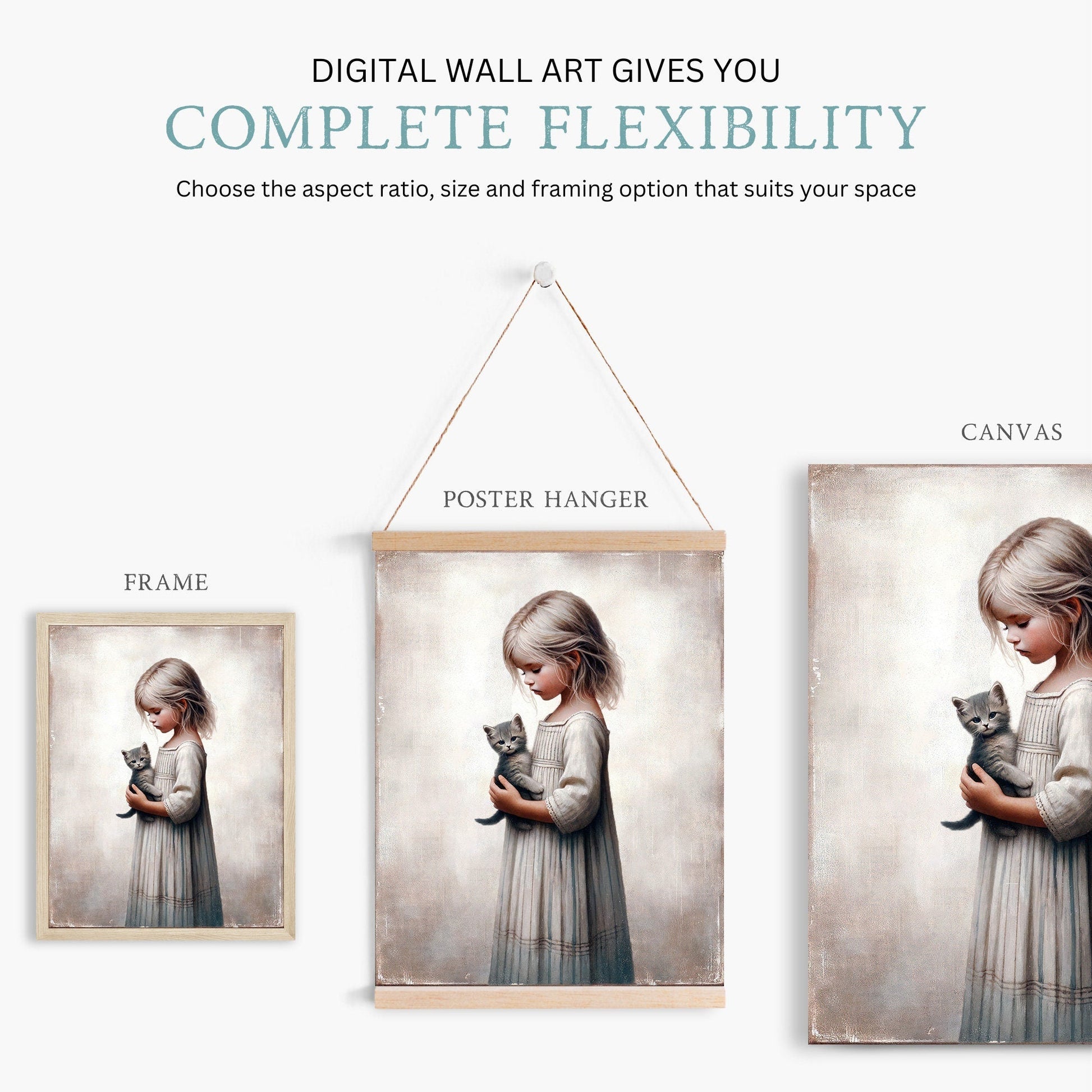Vintage Nursery Wall Art, Cat and Girl, Rustic Decor for Kids - WildfieldPrints