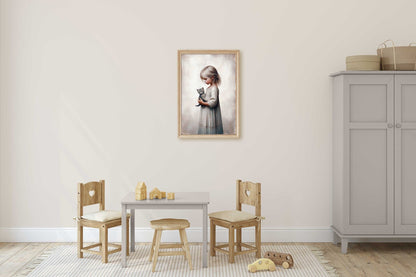 Vintage Nursery Wall Art, Cat and Girl, Rustic Decor for Kids - WildfieldPrints