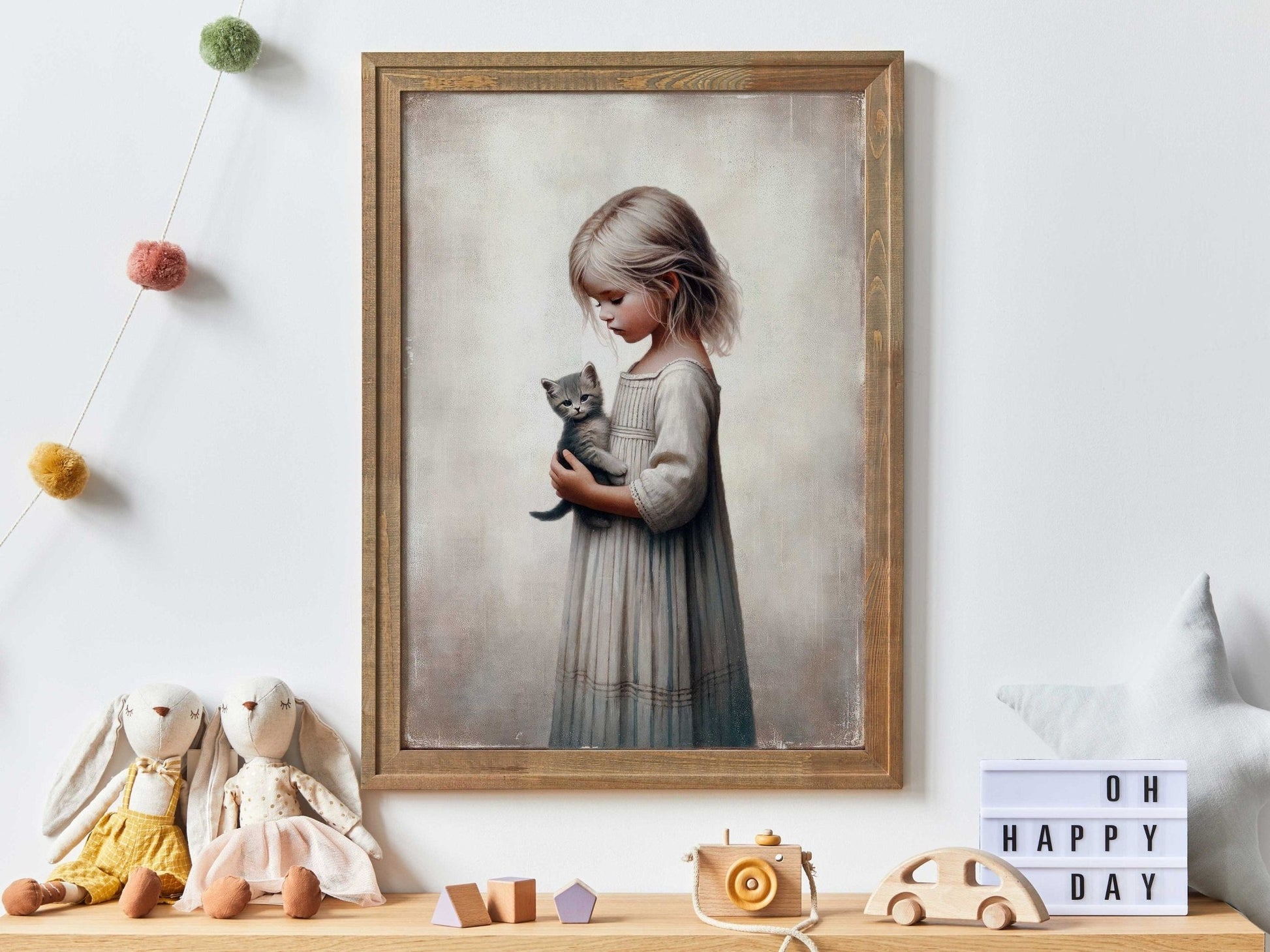 Vintage Nursery Wall Art, Cat and Girl, Rustic Decor for Kids - WildfieldPrints
