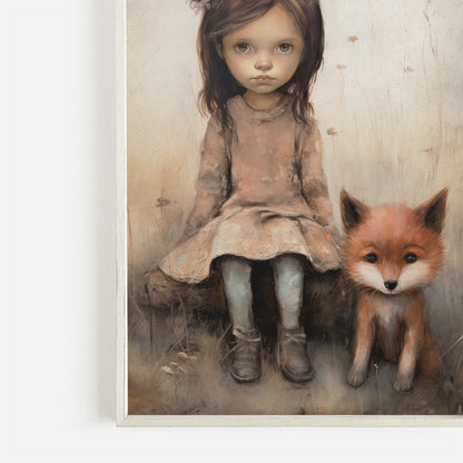 Vintage Nursery Wall Art, Fox Decor, Little Girl and Fox Print, Forest Animal Decor - WildfieldPrints