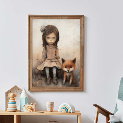 Vintage Nursery Wall Art, Fox Decor, Little Girl and Fox Print, Forest Animal Decor - WildfieldPrints