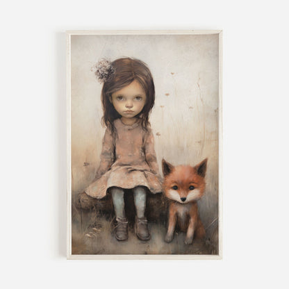 Vintage Nursery Wall Art, Fox Decor, Little Girl and Fox Print, Forest Animal Decor - WildfieldPrints