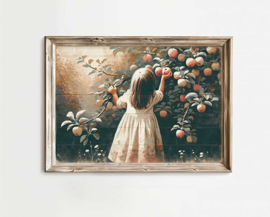 Vintage Nursery Wall Art, Girl Picking Apples Print, Farmhouse Decor - WildfieldPrints