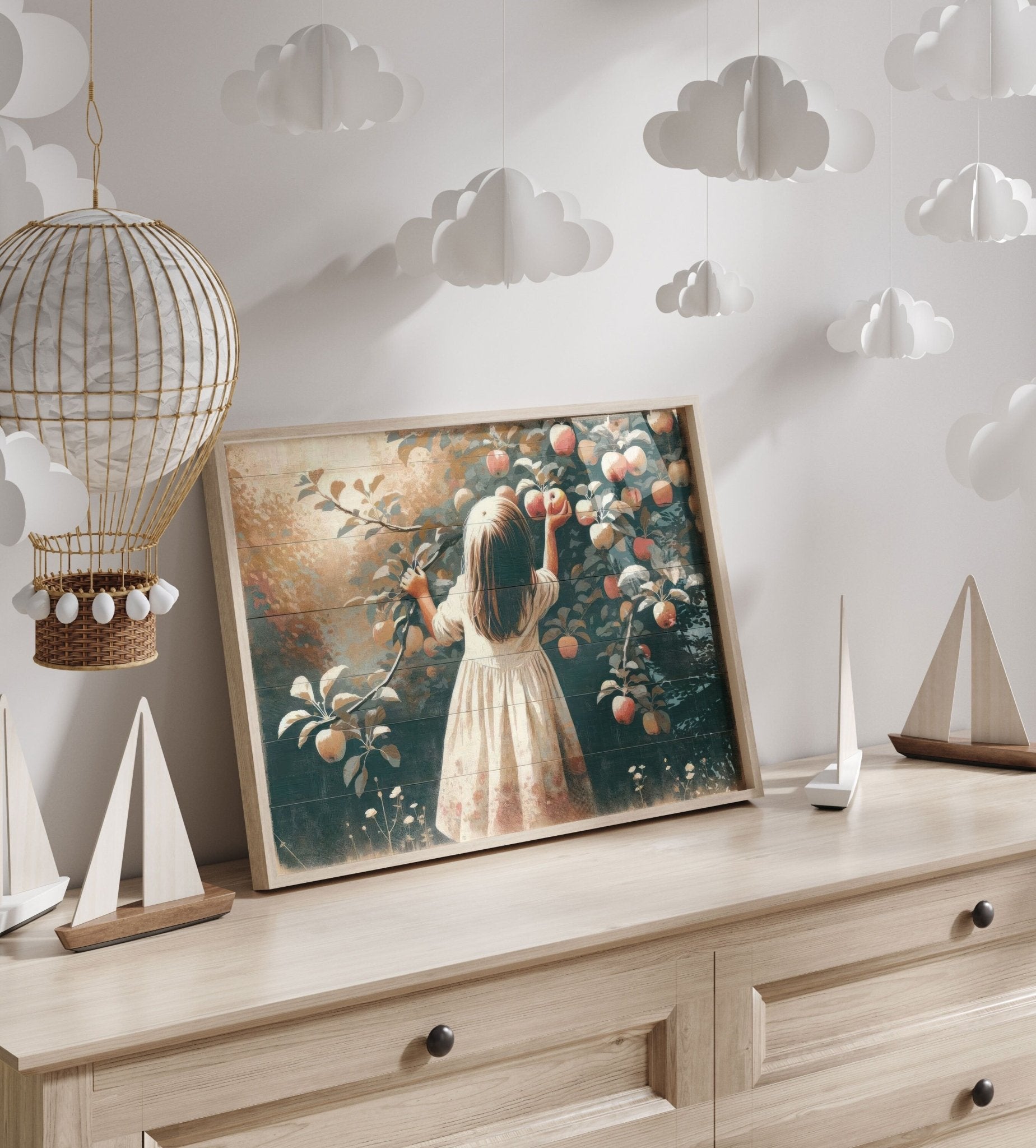 Vintage Nursery Wall Art, Girl Picking Apples Print, Farmhouse Decor - WildfieldPrints