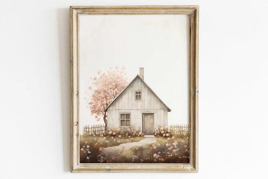 Vintage Old House Painting, Cherry Blossom Tree, Farmhouse Wall Art - WildfieldPrints