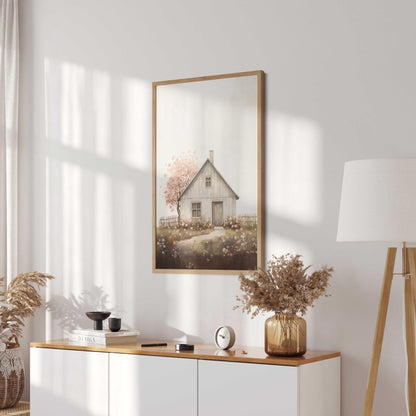 Vintage Old House Painting, Cherry Blossom Tree, Farmhouse Wall Art - WildfieldPrints
