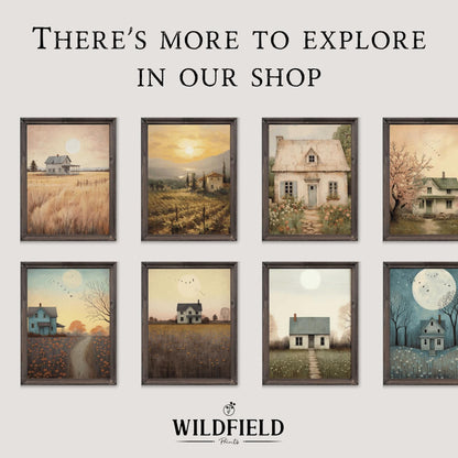 Vintage Old House Painting, Cherry Blossom Tree, Farmhouse Wall Art - WildfieldPrints