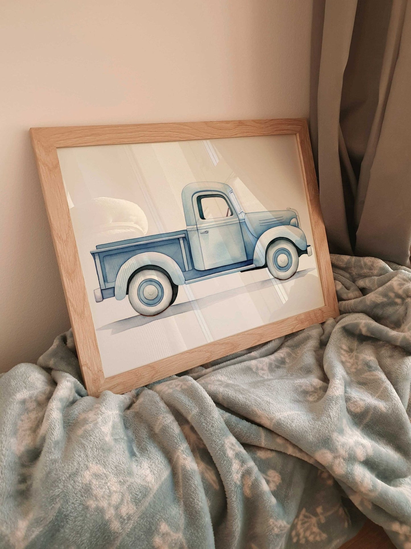 Vintage Pickup Truck Print, Car Nursery Decor, Blue Kids Room Wall Art - WildfieldPrints