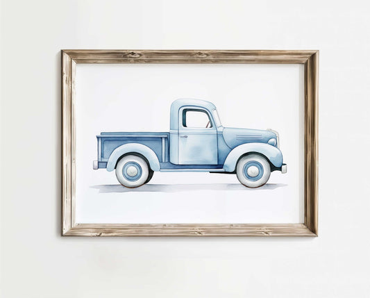 Vintage Pickup Truck Print, Car Nursery Decor, Blue Kids Room Wall Art - WildfieldPrints