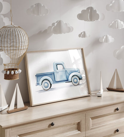 Vintage Pickup Truck Print, Car Nursery Decor, Blue Kids Room Wall Art - WildfieldPrints
