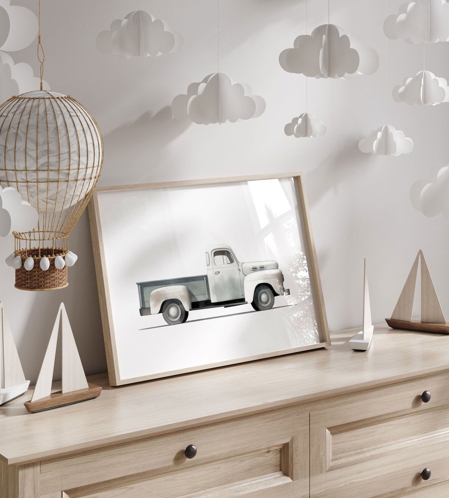 Vintage Pickup Truck Print, Car Nursery Decor, Teal Kids Room Art - WildfieldPrints