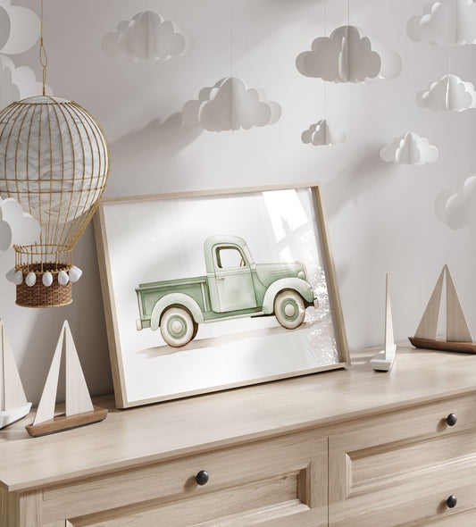 Vintage Pickup Truck Print, Car Nursery Decor, Teal Kids Room Art - WildfieldPrints