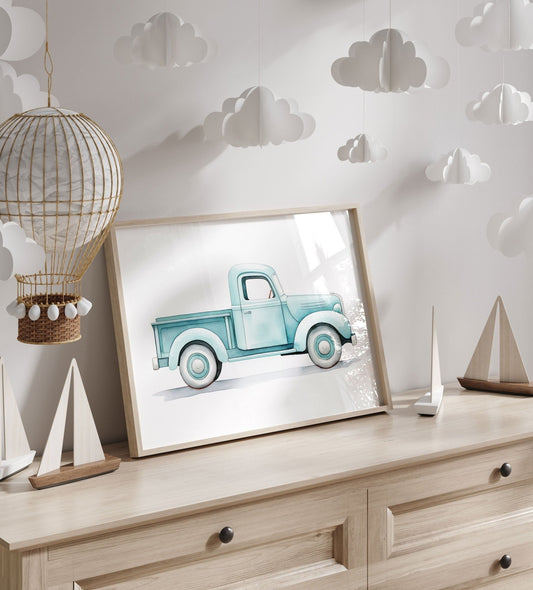 Vintage Pickup Truck Print, Car Nursery Decor, Teal Kids Room Art - WildfieldPrints