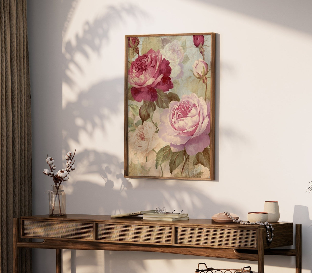 Pink and Red Rose Wall Art – Floral Farmhouse Print