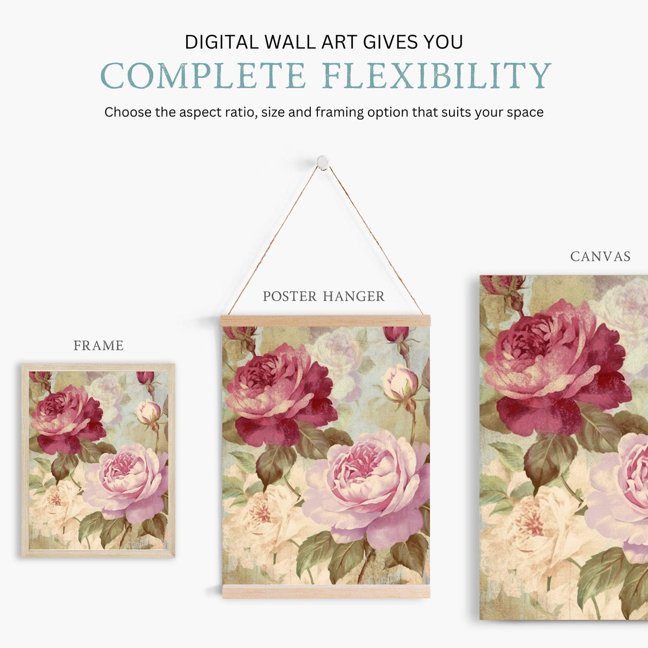 Pink and Red Rose Wall Art – Floral Farmhouse Print