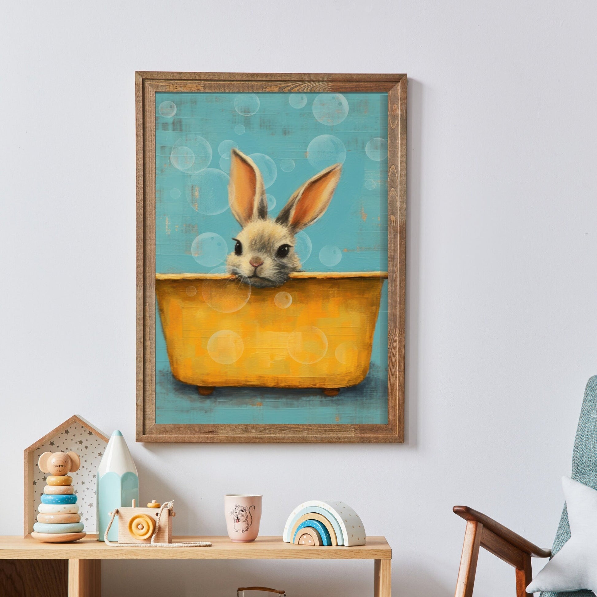 Vintage Rabbit Bath Tub Wall Art, Cute Animal Decor for Kids Room - WildfieldPrints