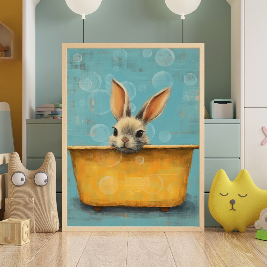 Vintage Rabbit Bath Tub Wall Art, Cute Animal Decor for Kids Room - WildfieldPrints