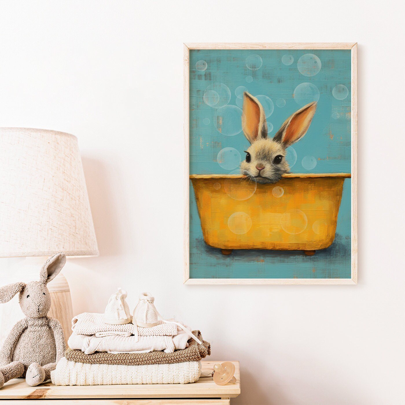 Vintage Rabbit Bath Tub Wall Art, Cute Animal Decor for Kids Room - WildfieldPrints
