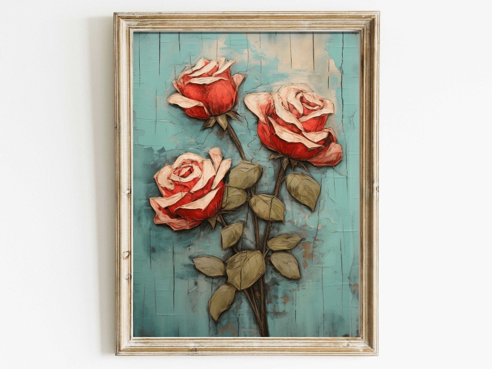 Vintage Red Rose Print, Floral Wall Decor, Flower Bouquet Art, Teal and Red Home Accent - WildfieldPrints