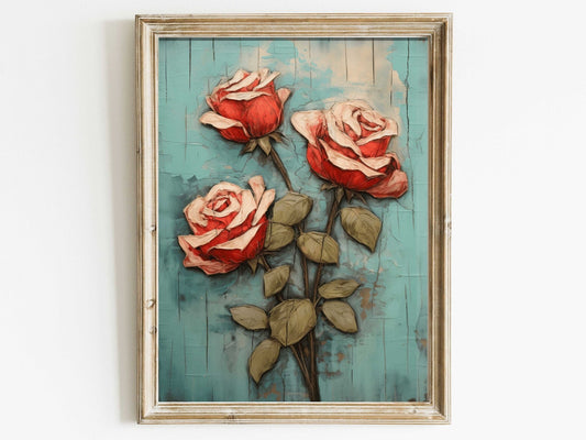 Vintage Red Rose Print, Floral Wall Decor, Flower Bouquet Art, Teal and Red Home Accent - WildfieldPrints