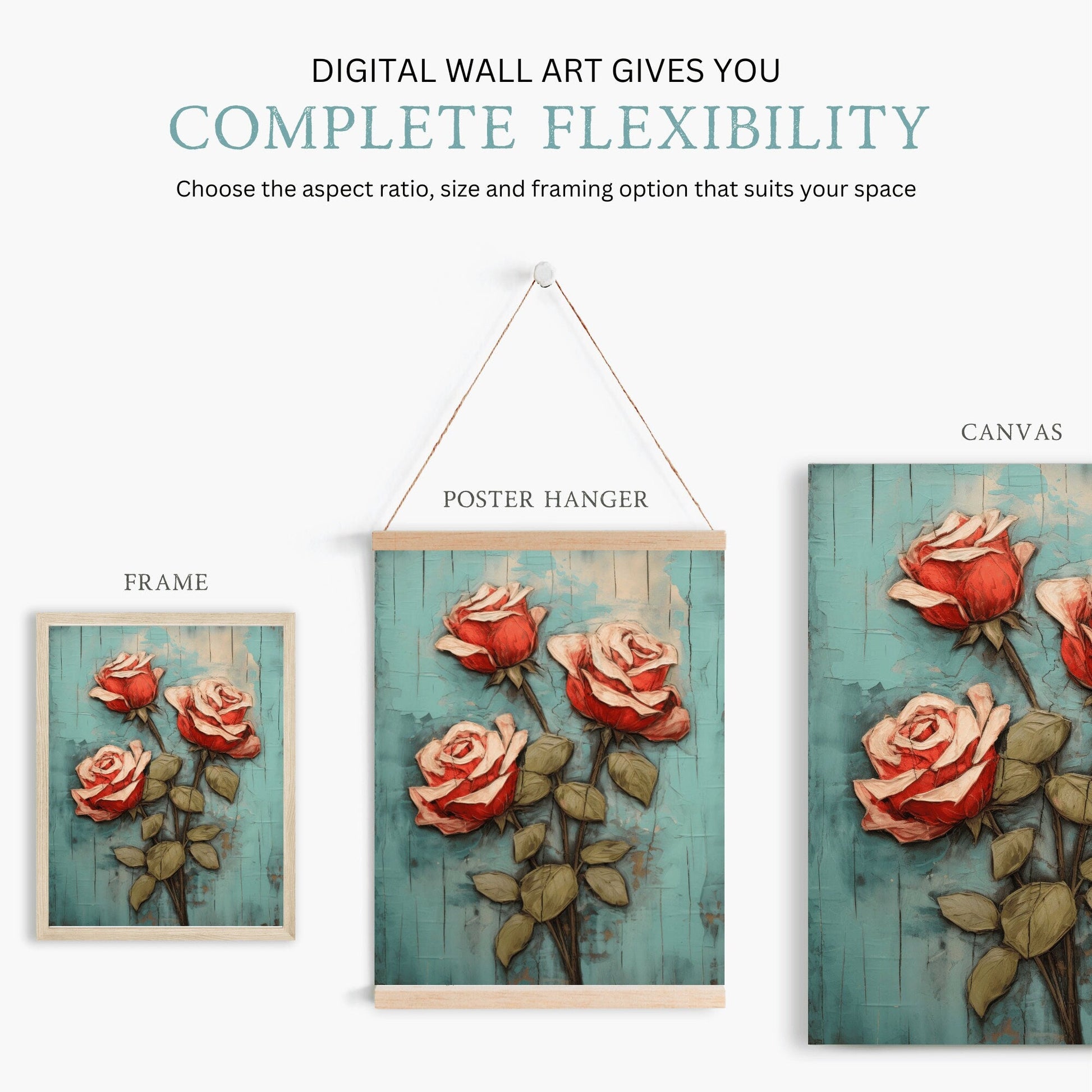 Vintage Red Rose Print, Floral Wall Decor, Flower Bouquet Art, Teal and Red Home Accent - WildfieldPrints