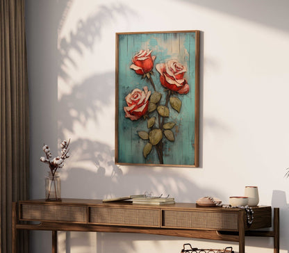 Vintage Red Rose Print, Floral Wall Decor, Flower Bouquet Art, Teal and Red Home Accent - WildfieldPrints