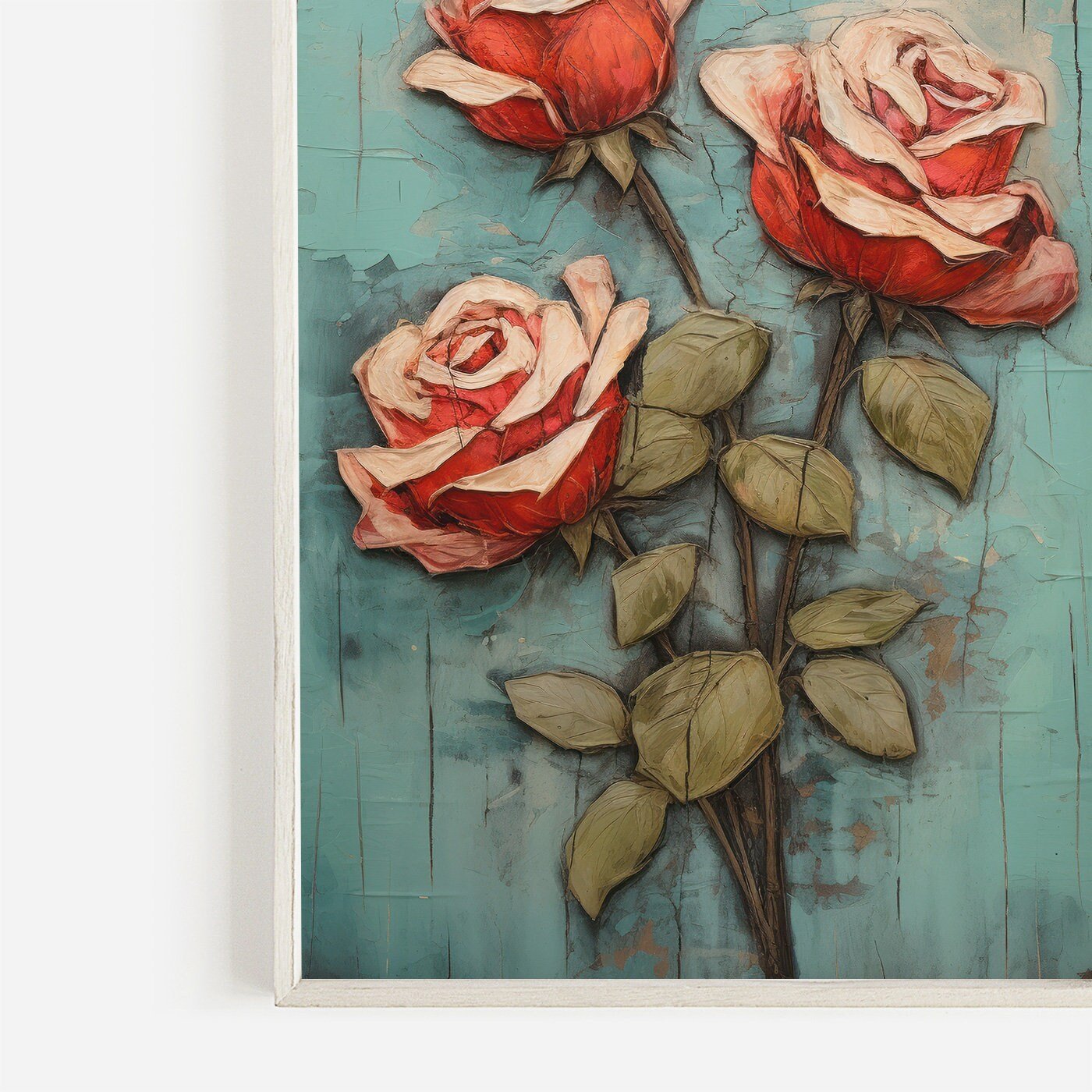 Vintage Red Rose Print, Floral Wall Decor, Flower Bouquet Art, Teal and Red Home Accent - WildfieldPrints
